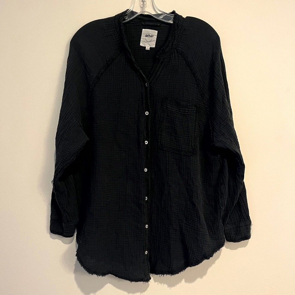 Aerie Button Down Shirt Dark Gray Raw Edge Cotton Gauze Women Small